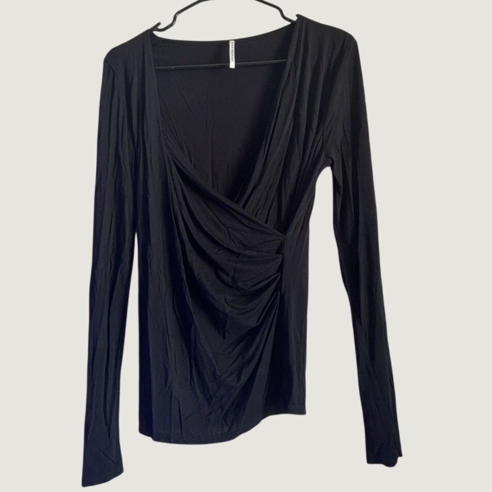 S-Twelve Womens Black Long Sleeve Wrap Ruched Surplice Top HT211 Size L